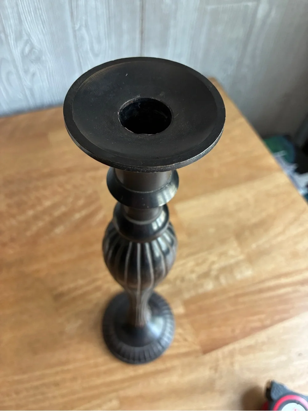 Vintage like Red Taper Candle with Black Metal Candlestick   Very heavy